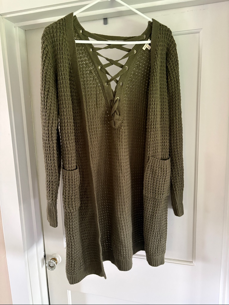 Olive Lace-Up Open-Front Women’s Sweater Cardigan